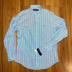 Ralph Lauren Blue Pink Striped Dress Shirt Long Sleeve Button Up NWT Mens L